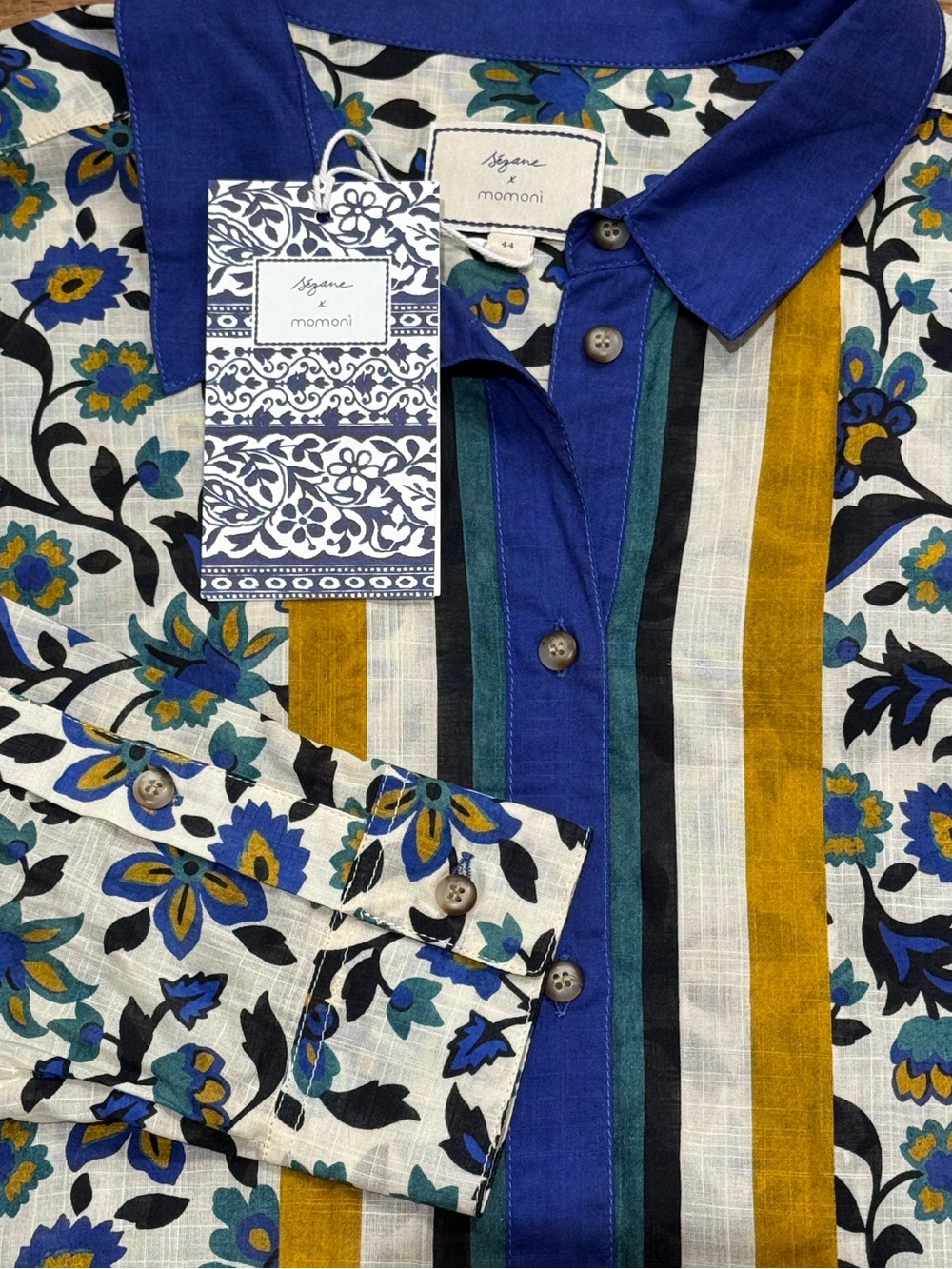 Sézane x Momoni Sz 44 / US 12 Blouse Blue Mustard Black Floral Button-Front Top - Picture 6 of 10